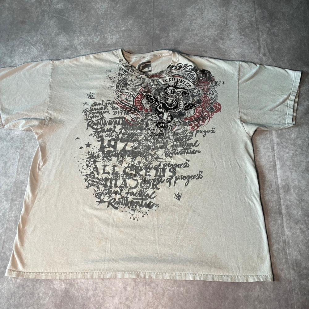 Y2K Ecko Unltd Mens Graphic T-Shirt 2XL Gray All Over Print Streetwear Tattoo